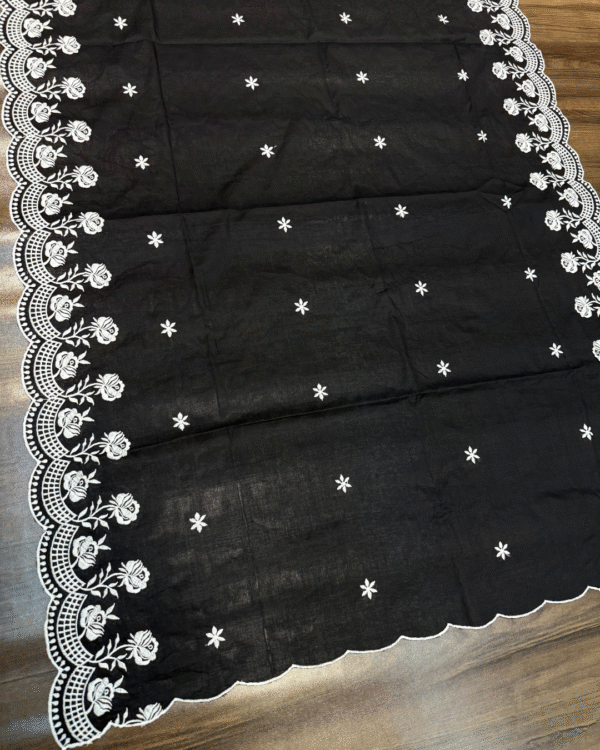 Cotton Mulmul Black Dupatta With White Work